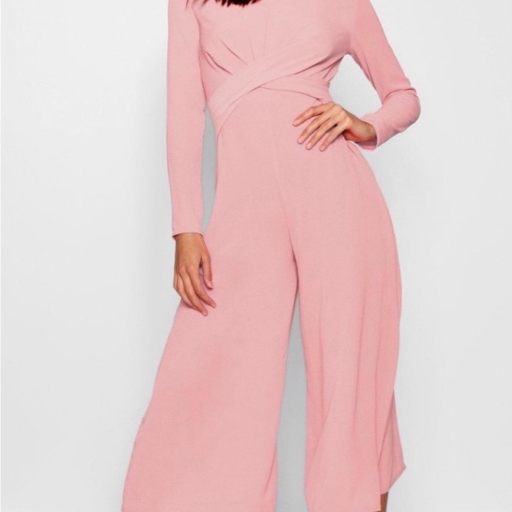 Boohoo Blush Pink Knot Front Woven Culotte Long Sleeve Wide Leg Jumpsuit - Picture 2 of 11